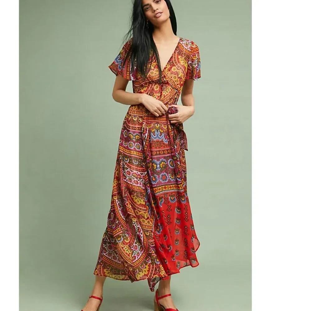 Anthropologie Akemi Kin Murol Boho Wrap Maxi Dress Size 31 Small A011224
